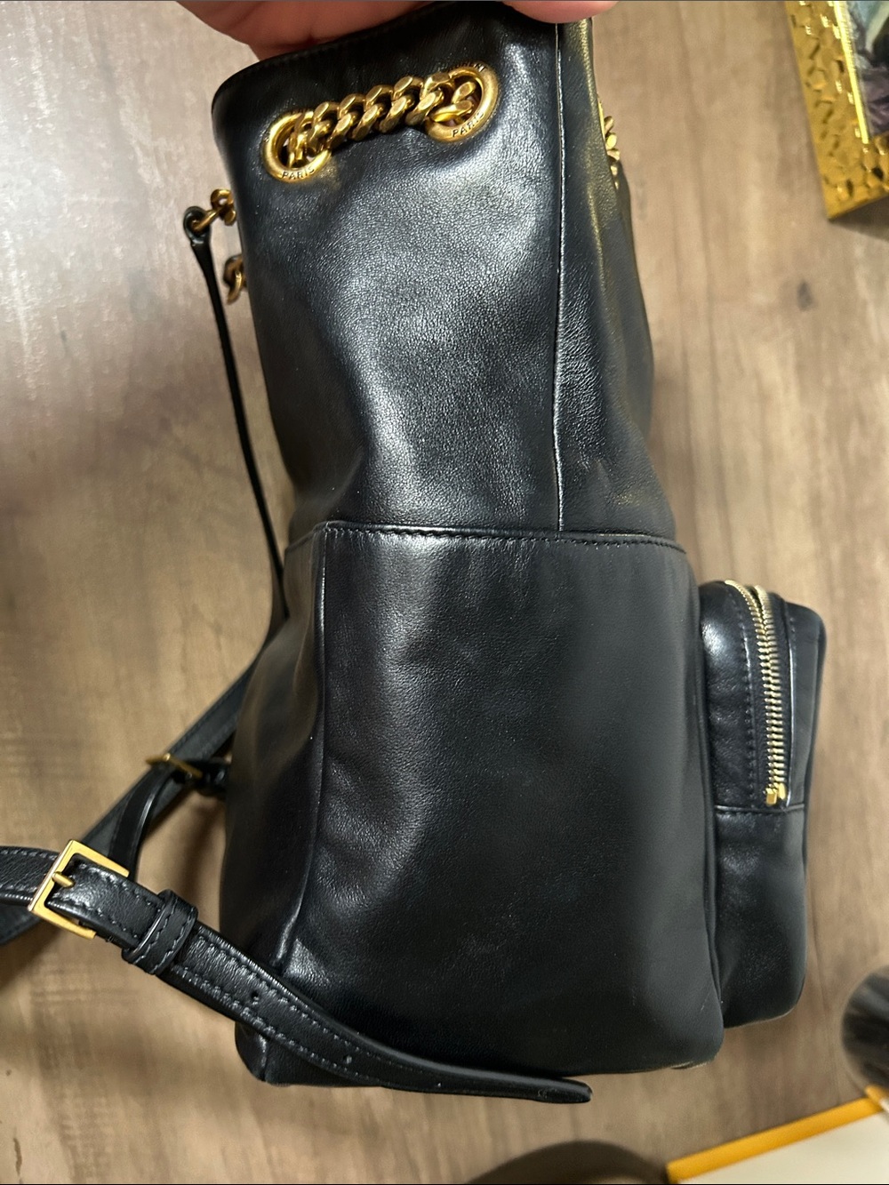 Saint Laurent Black Leather Drawstring Backpack with Gold Hardware - Picture 6 of 11